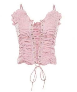 Own Saviour Tees + Tops Pink Ruched Lace Up Crop