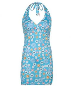 Own Saviour Blue Retro Floral Halter Dress