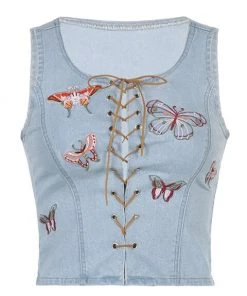 Own Saviour New In Denim Butterfly Tie Up Crop