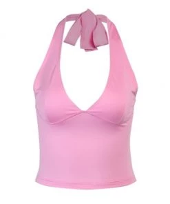 Own Saviour Pink Tie Halter Crop Tees + Tops