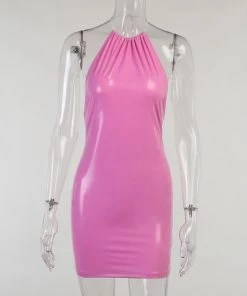 Own Saviour Pink Faux Leather Halter Mini Dress