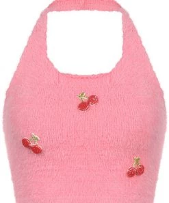 Own Saviour New In Pink Knitted Strawberry Halter Crop