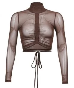 Own Saviour Tees + Tops Sheer Turtleneck Ruched Crop