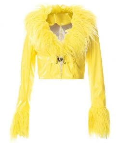 Own Saviour Yellow Faux Fur Leather Crop Jacket New In