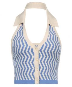 Own Saviour Blue Zig Zag Halter Top