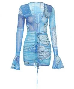 Own Saviour Blue Sheer Paisley Bandana Ruched Mini Dress