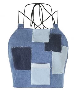 Own Saviour Patchwork Denim Halter Backless Crop Tees + Tops